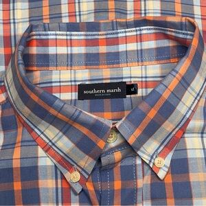 Southern Marsh Plaid Shirt Men XL Blue Coral Preppy Long Sleeve Button Down